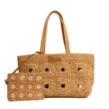 Charger l'image dans la galerie, Cabas et pochette en raphia marron et rose Sac à main vegan made in france totebag moderne citadin style parisien