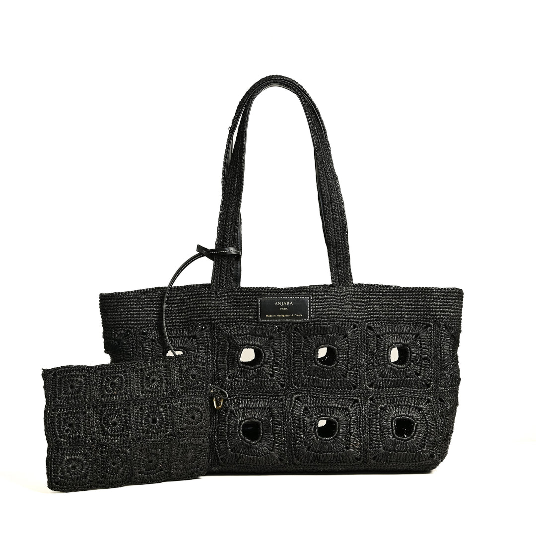 Cabas et pochette en raphia noir Sac à main vegan made in france totebag moderne citadin style parisien