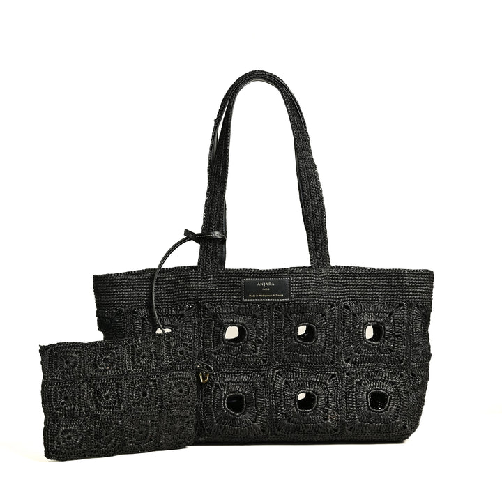 Cabas et pochette en raphia noir Sac à main vegan made in france totebag moderne citadin style parisien