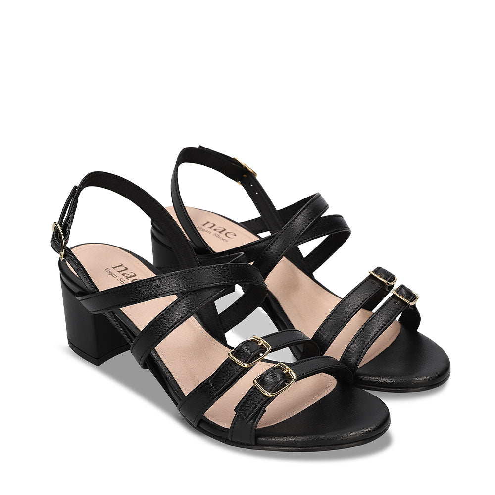 sandales noires à talons en cuir vegan de pomme