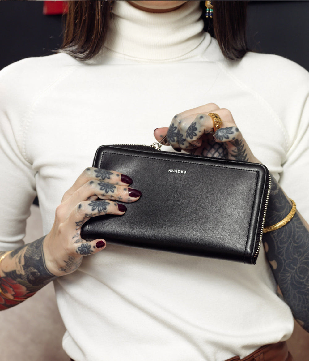 portefeuille compagnon noir en cuir vegan de qualité