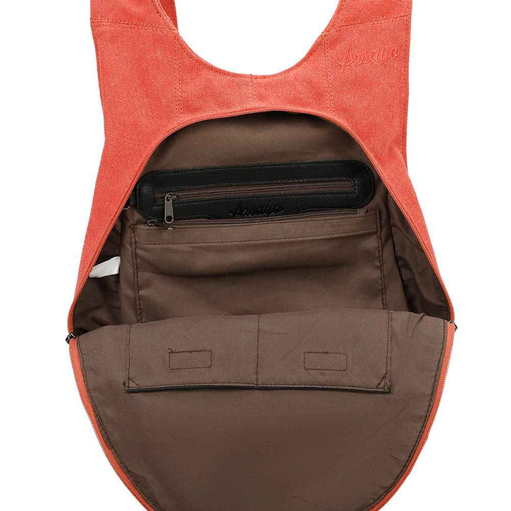 Sac à dos Estival Arsayo orange saumon corail toile confortable ergonomique antivol sécurise vegane interieur