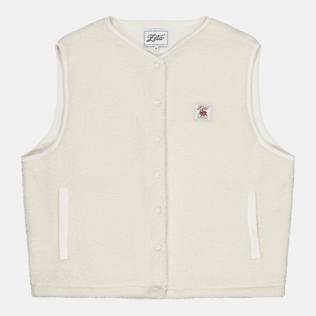 Veste-Polaire-Sherpa-sans-manche-couleur-beige-avec-boutons-à-pression-et-poches-extérieures-ultra-moltonnée-et-chaude