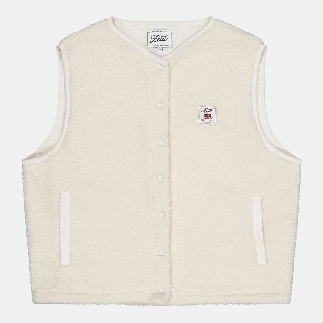 Veste-Polaire-Sherpa-sans-manche-couleur-beige-avec-boutons-à-pression-et-poches-extérieures-ultra-moltonnée-et-chaude