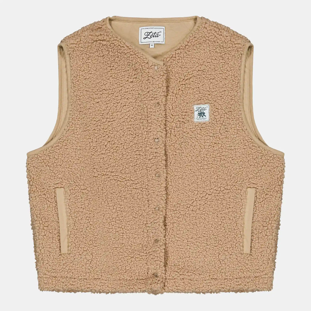 Veste-Polaire-Sherpa-sans-manche-couleur-camel-avec-boutons-à-pression- ultra-moltonnée-et-chaude
