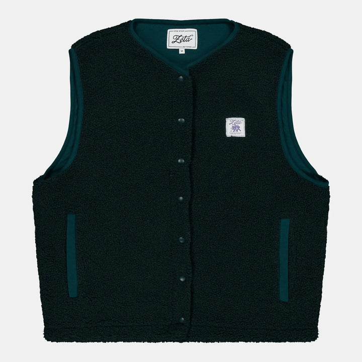 Veste-Polaire-Sherpa-sans-manche-verte-avec-boutons-à-pression-et poche extérieur-ultra-moltonnée-et-chaude