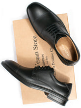 Load image into Gallery viewer, Black vegan waterproof Derby shoes on WVS box – square toe, bio-based vegan leather, made in Portugal