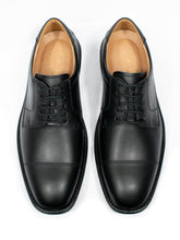 Load image into Gallery viewer, Top view of black vegan waterproof Derbys with OnSteam linings and double-stitch toe detail