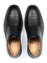 Load image into Gallery viewer, Close top view of black vegan waterproof Derby shoes made in Portugal with recycled polyester laces