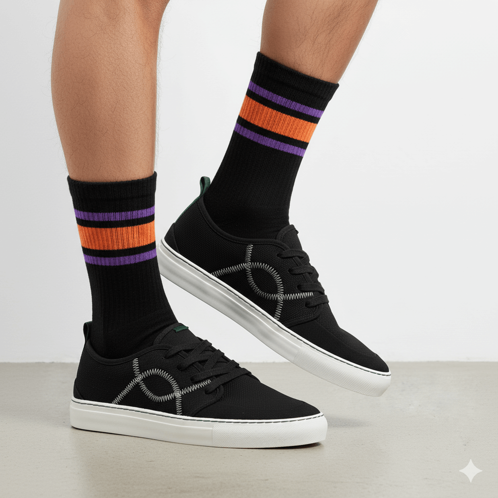 baskets de skate avec chaussettes de sport retro skate noires avec rayures en haut