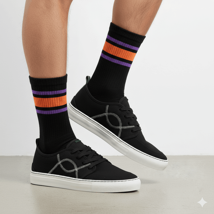 baskets de skate avec chaussettes de sport retro skate noires avec rayures en haut