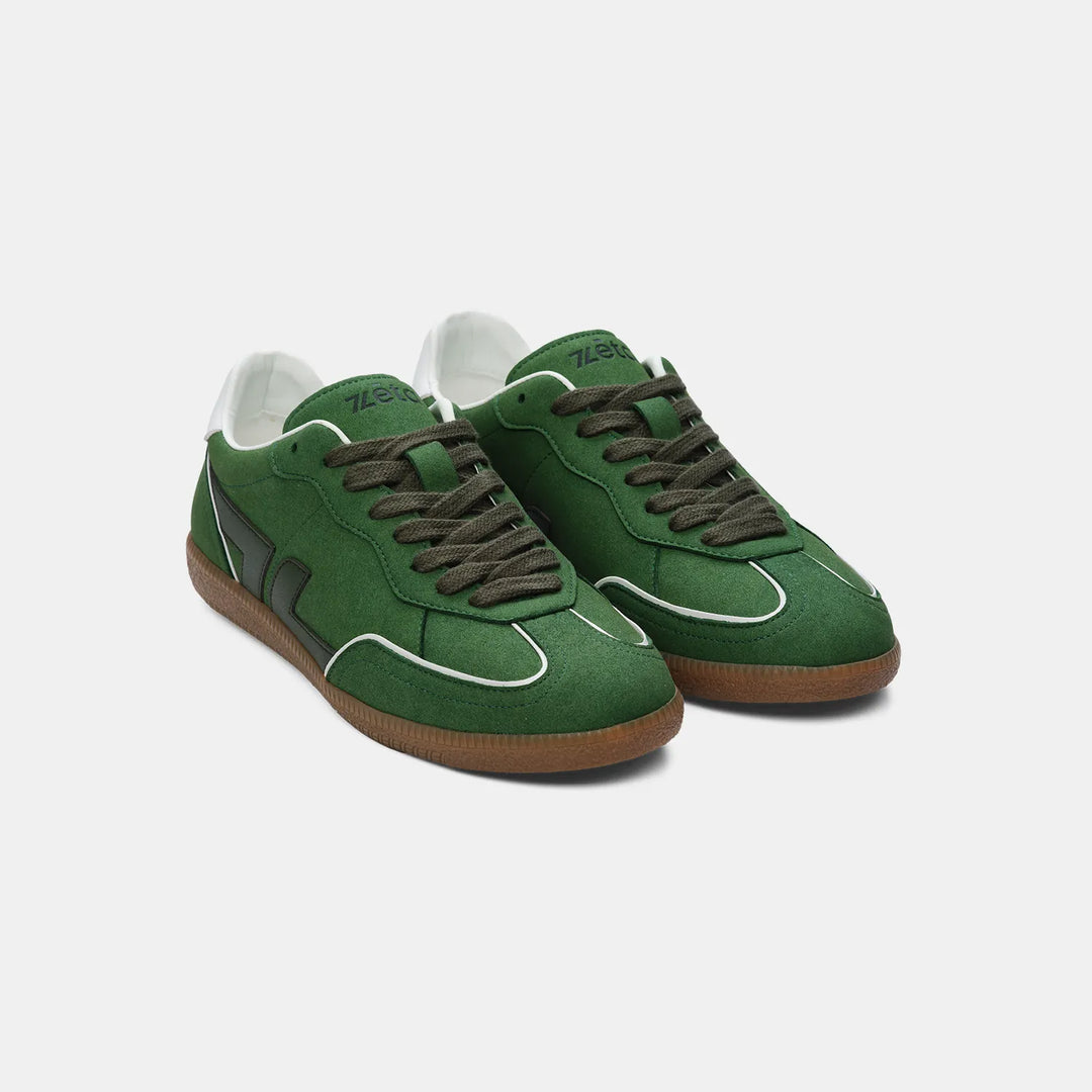 Vue de face des baskets vertes Delta, style original, vegan et éco-conçu.