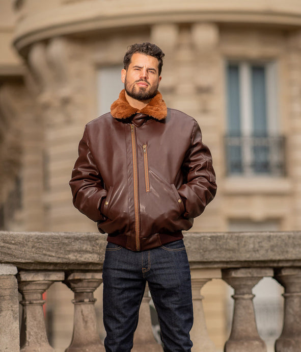 blouson aviateur pour homme en cuir vegan marron doublé de fausse fourrure