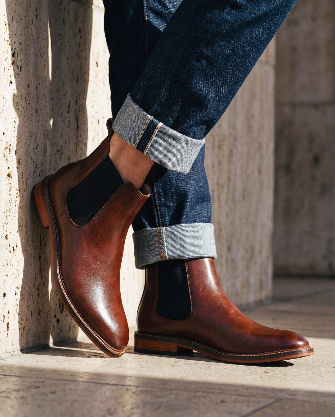 brown vegan leather boots, man wearing with jeans