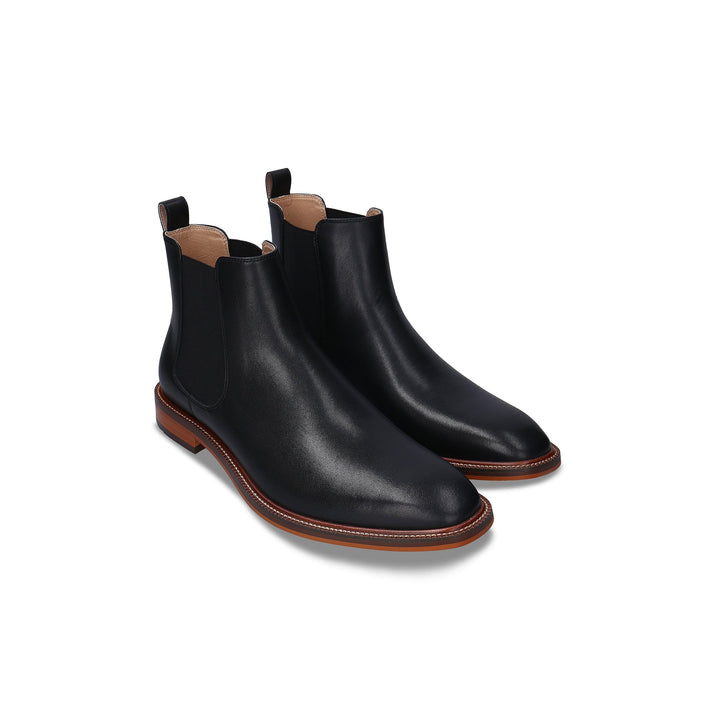 DUNCAN Black vegan Chelsea boot pair — men’s vegan boot in all-black with elastic side panels and stacked heel, NAE Vegan Shoes