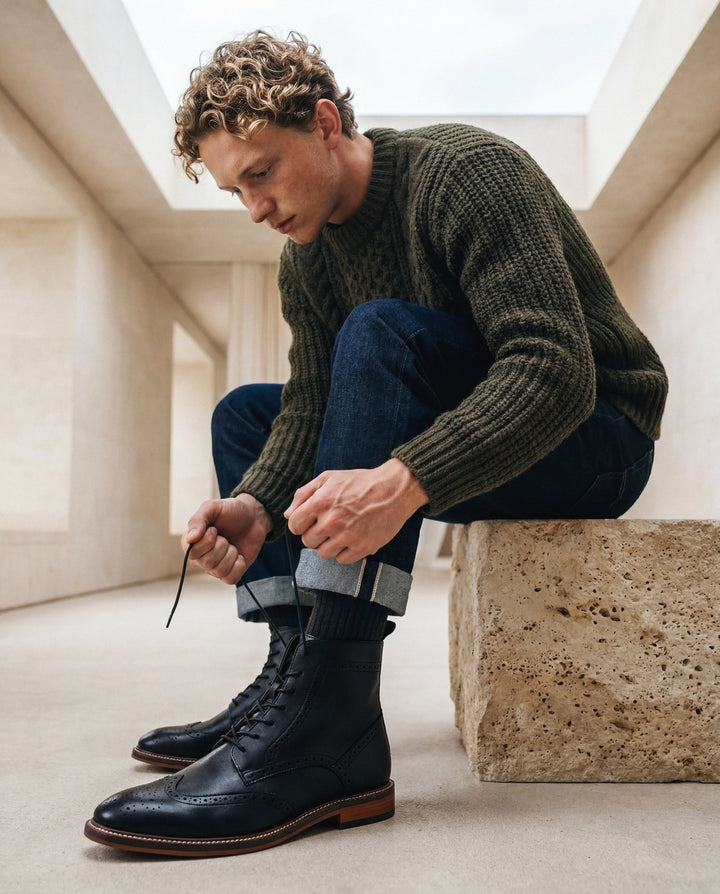 CHASE Black vegan wingtip brogue boot worn by male model — men’s vegan brogue ankle boot in all-black, NAE Vegan Shoes, made in Portugal