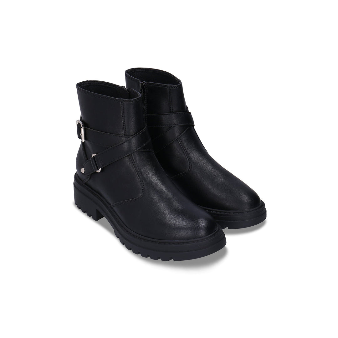 CODY Black vegan ankle boot front view — women’s all-black vegan moto boot with round toe and lug sole, NAE Vegan Shoes