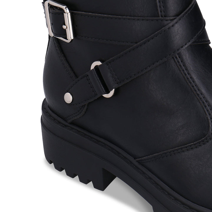 CODY Black vegan ankle boot detail — wrap-around buckle strap with silver hardware, women’s vegan moto boot by NAE Vegan Shoes