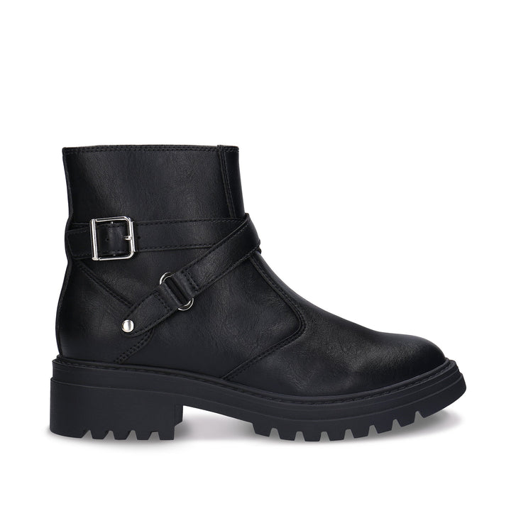 CODY Black vegan ankle boot side view — women’s vegan moto boot in all-black with inner zip and chunky lug sole, NAE Vegan Shoes