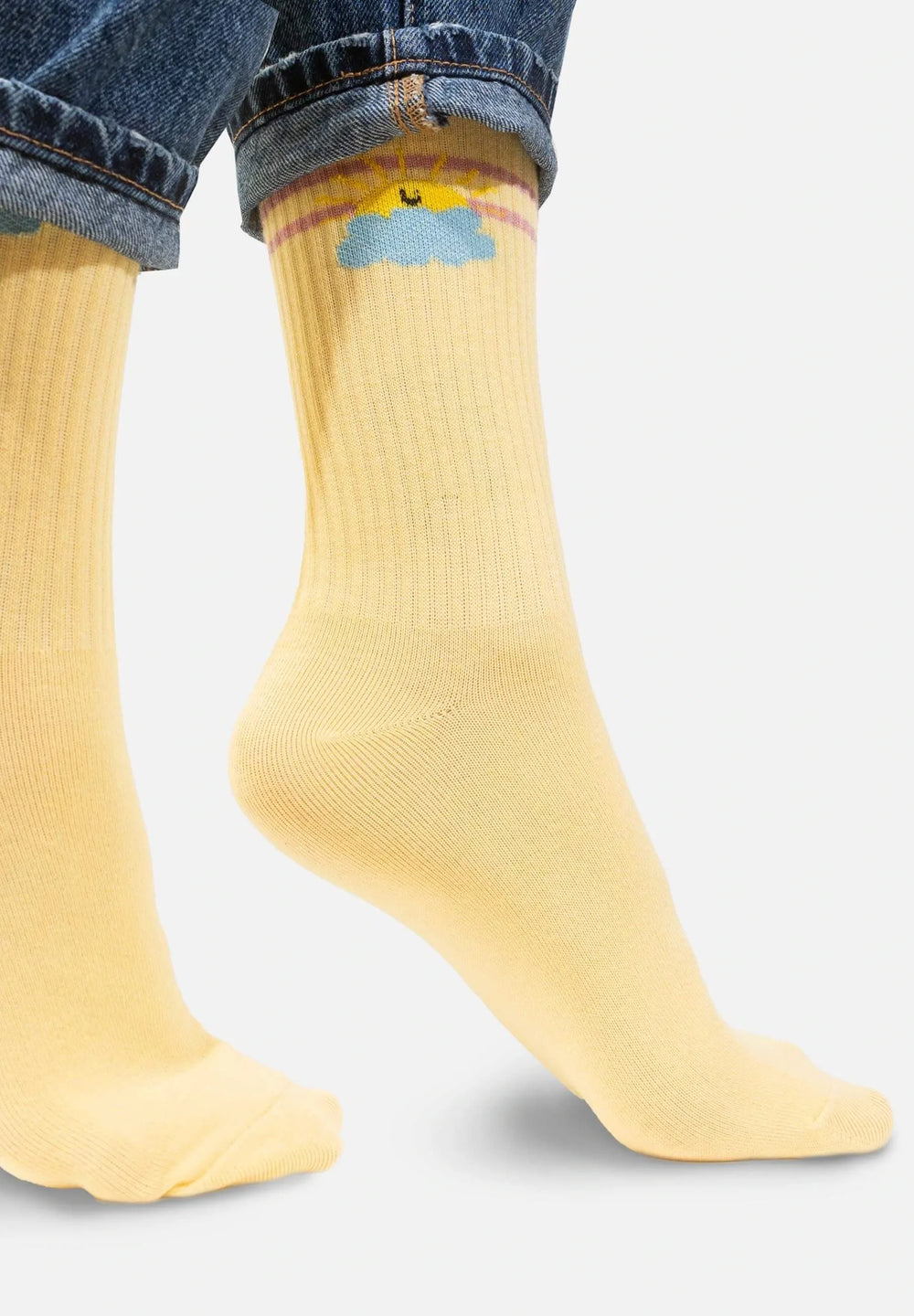 chaussettes jaune style vintage en coton bio avec motif soleil