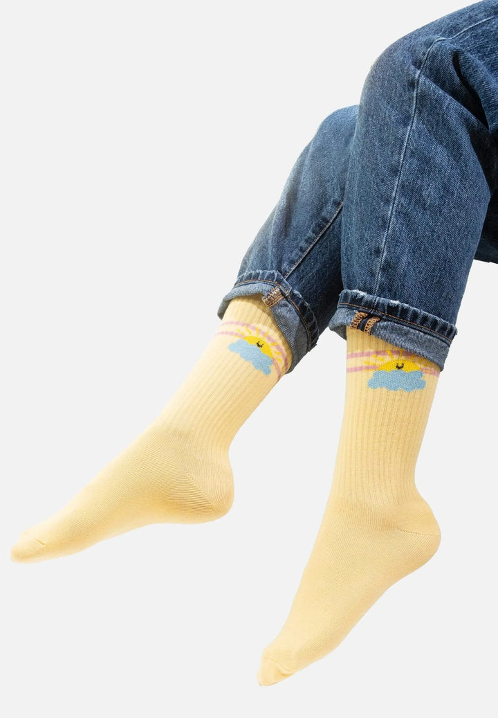 chaussettes jaune style vintage en coton bio avec motif soleil