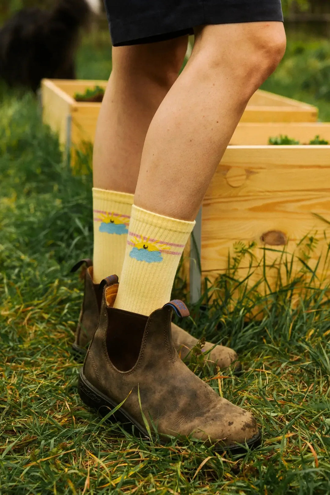 chaussettes jaune style vintage en coton bio avec motif soleil