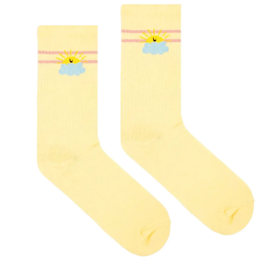 chaussettes jaune style vintage en coton bio avec motif soleil