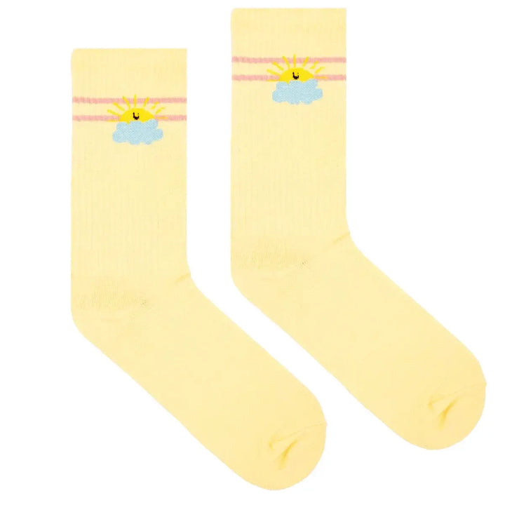 chaussettes jaune style vintage en coton bio avec motif soleil