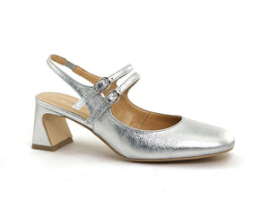 chaussures vegan argenté à talon style Mary Jane