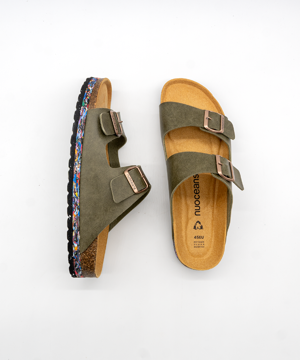 sandales styles Birkenstock khaki en cuir vegan eco responsable