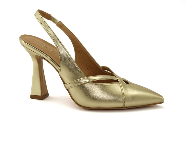 escarpins à talons hauts et bouts pointus en cuir vegan doré.