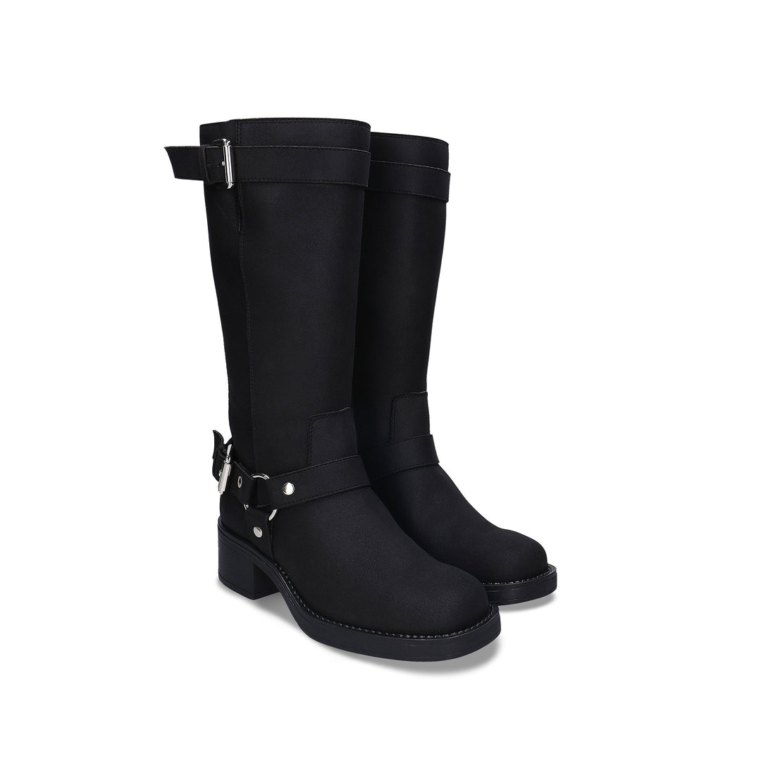 RUBY Black vegan knee-high boot side view — women’s vegan boot in recycled microfibre made in Portugal