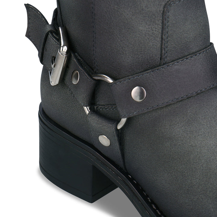 RUBY Grey vegan boot hardware detail — silver-tone D-ring buckle and harness strap close-up