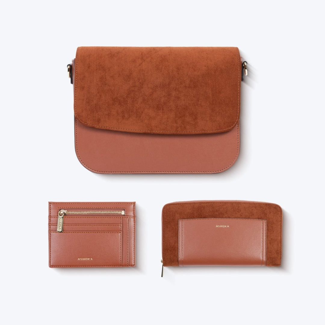Sac vegan Brigitte Oxymore Camel avec portefeuilles assortis – maroquinerie éthique