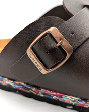 Charger l'image dans la galerie, Sustainable Darkbrown nuoceans nuos clog with a buckle and colorful sole made from coean waste on a white background