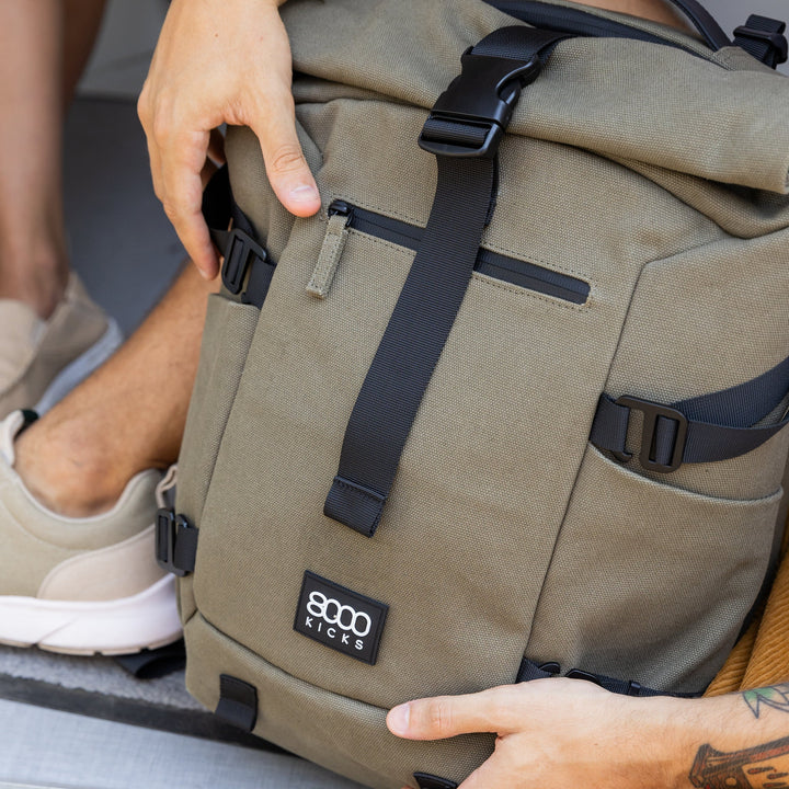 Grand sac à dos écologique en chanvre khaki pour randonnée ou weekend