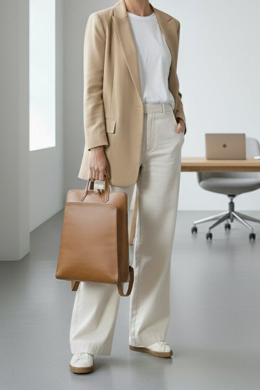 Sac à dos femmel en cuir vegan camel pour ordinateur portable