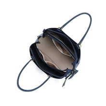 Charger l&#39;image dans la galerie, Vue de dessus avec ouverture poches et compartiments du sac à main bleu marine sécurisé Arsayo Passiflore