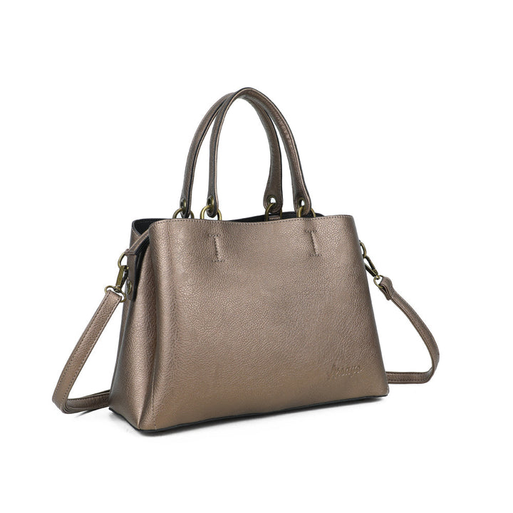 Vue de 3/4 du sac à main sécurisé Arsayo Passiflore bronze