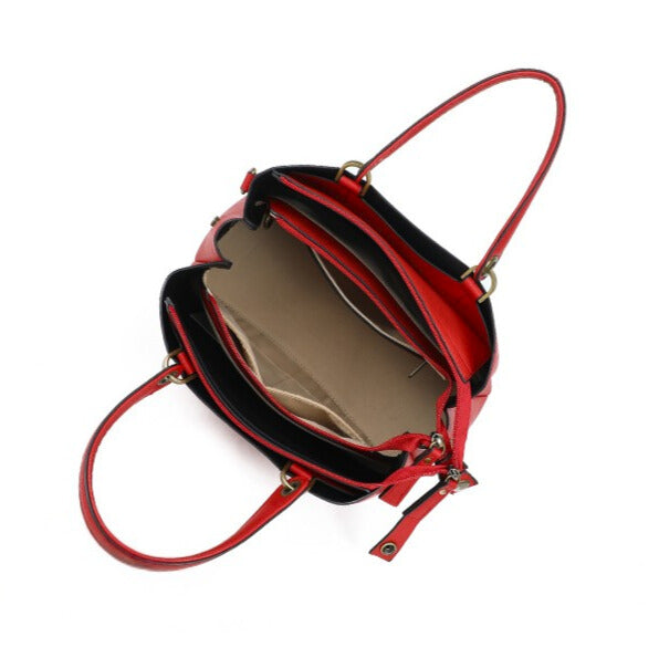 Vue de dessus avec ouverture poches et compartiments du sac à main  rouge sécurisé Arsayo Passiflore