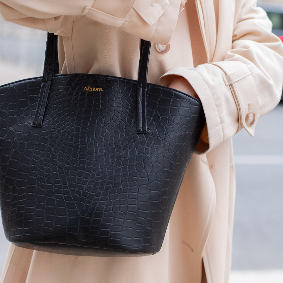 Grand sac en cuir vegan noir effet crocodile Alénore