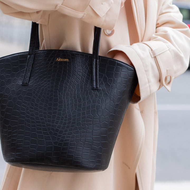 Grand sac en cuir vegan noir effet crocodile Alénore
