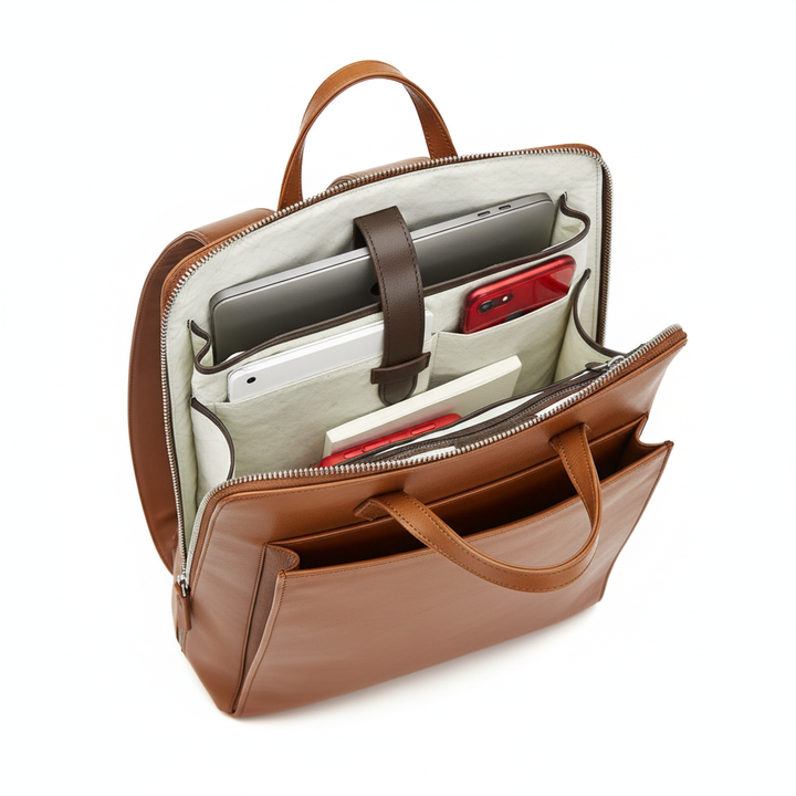 Sac à dos en cuir vegan camel pour ordinateur