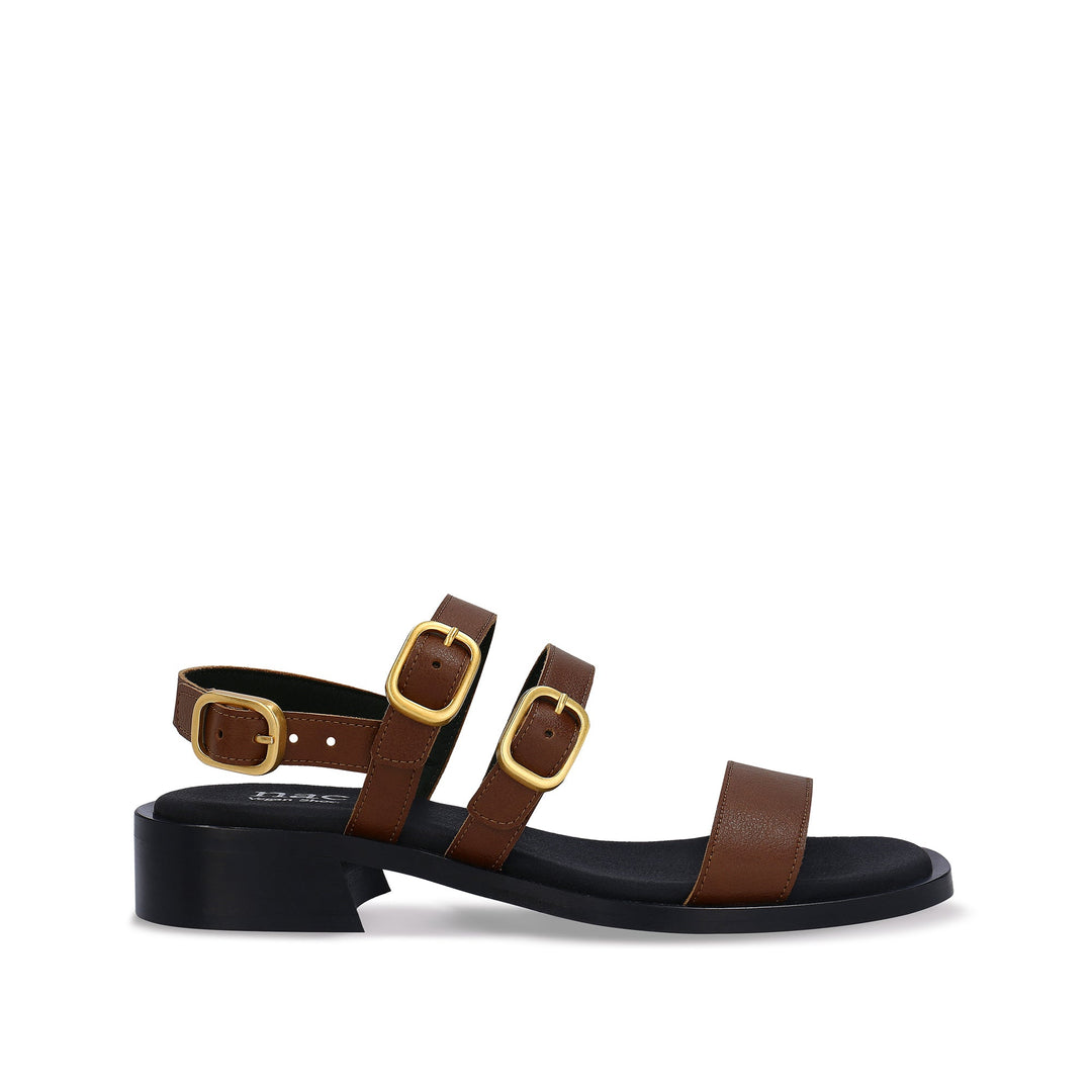 Sandale végane femme élégante marron brides fermeture boucles ajustables dorées