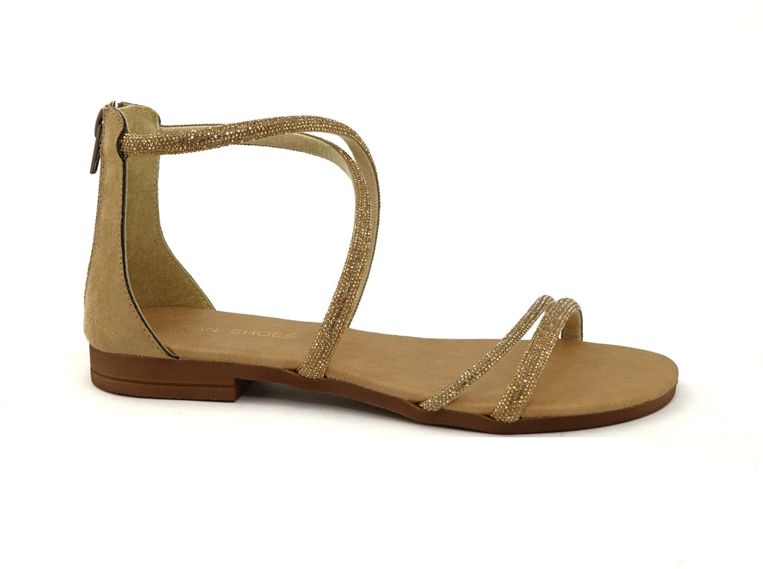 sandales avec fines lanières ornées de strass dorés, sans matières animales, vegan.