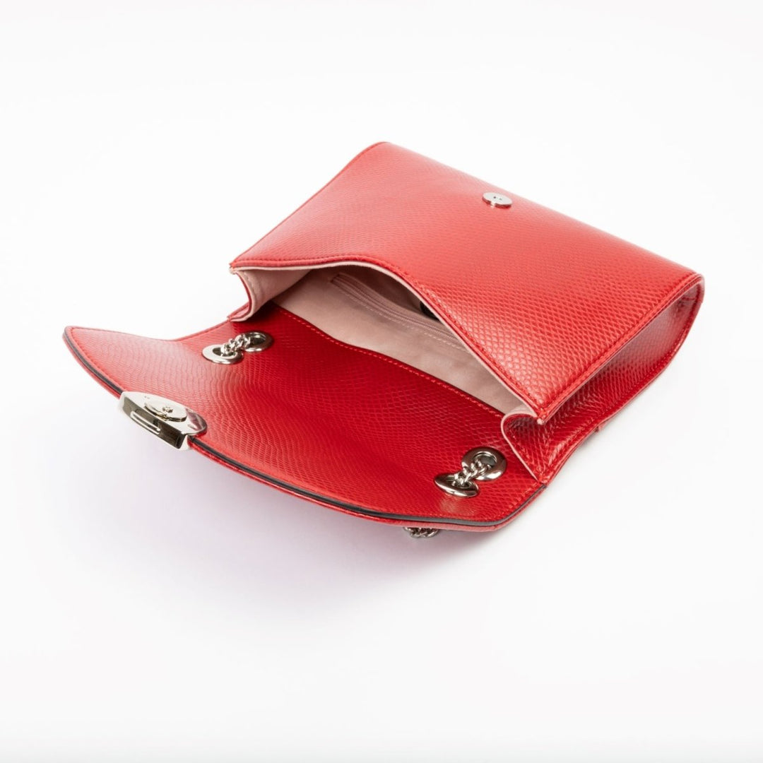 Sac bandoulière vegan rouge effet lézard – Mini Paname avec poche intérieure et doublure recyclée