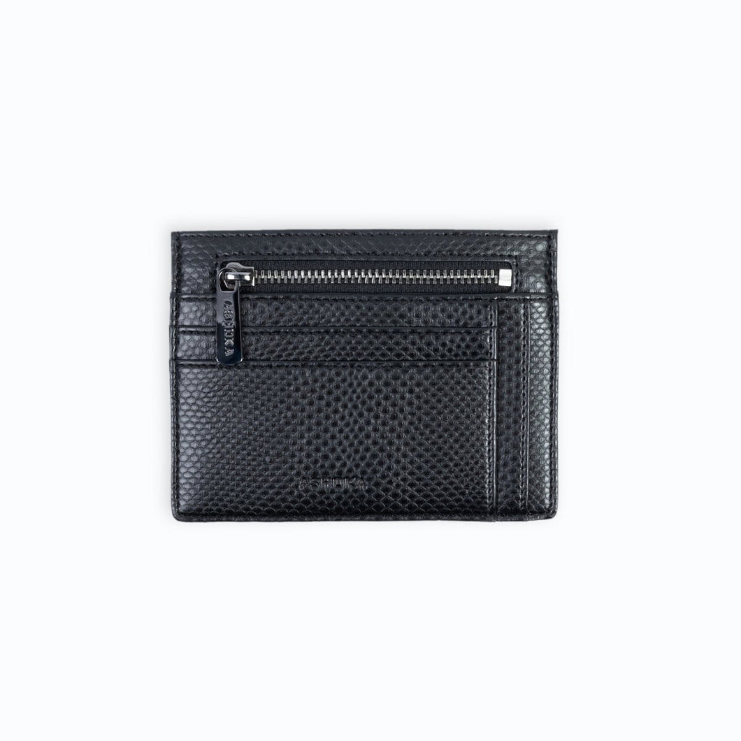 Porte-cartes vegan lézard noir avec fermeture zippée, design chic et minimaliste