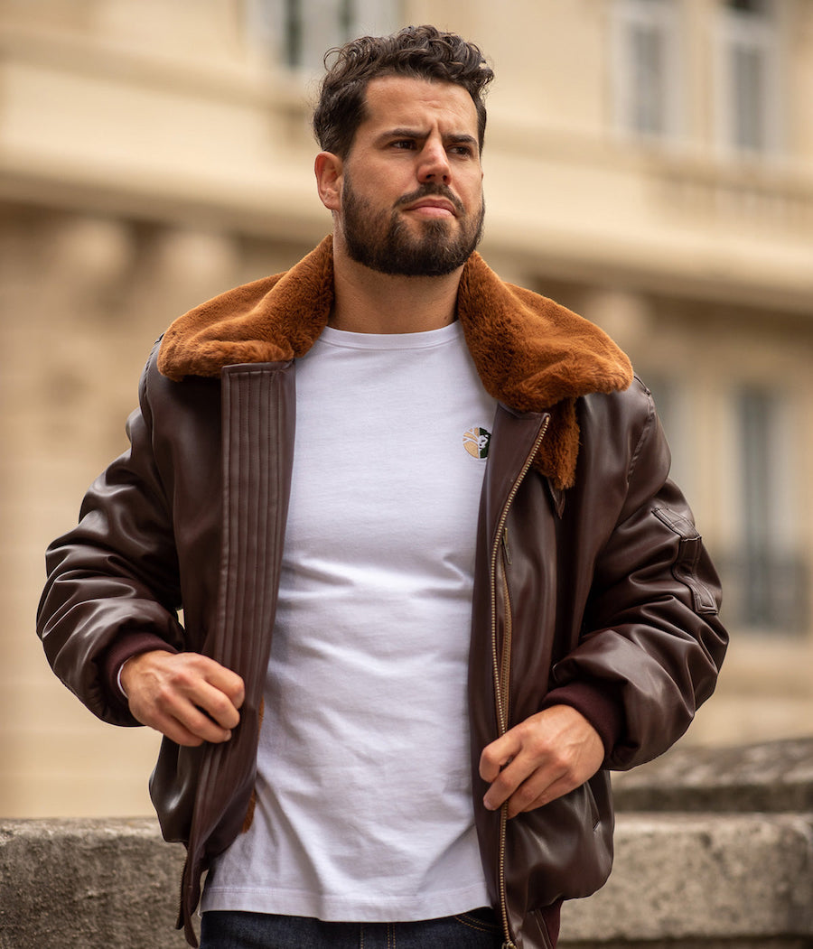 blouson aviateur pour homme en cuir vegan marron doublé de fausse fourrure