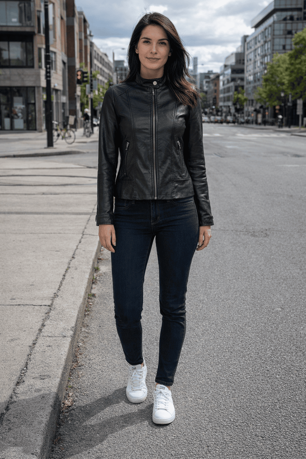 veste en cuir vegan noire ceintrée  pour femme