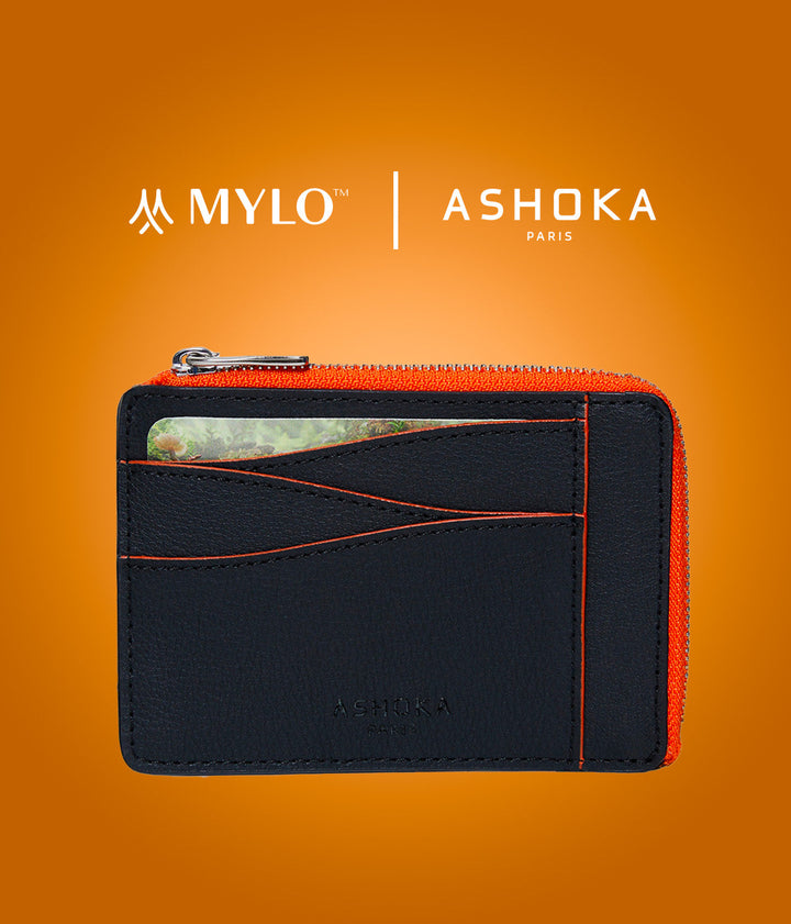 Grand porte-carte zippé Mylo™️ orange en mycélium, structure souterraine des champignons - éthique, écoresponsable, écologique, durable et sans cruauté